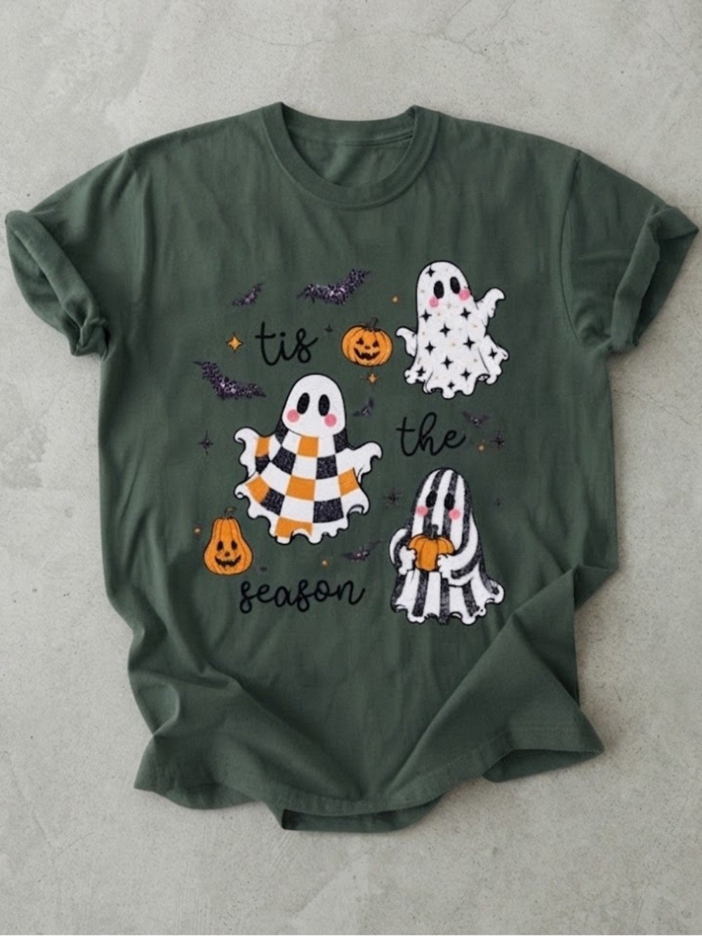 Tis The Season Cute Ghost Pumpkin Halloween Dark Green Gildan T-Shirt